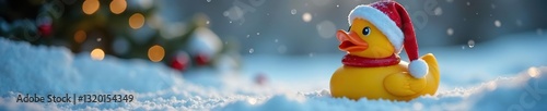 Santa hat-adorned rubber duck in a sparkling winter scene , macro, winter scene, xmas