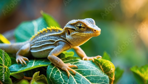 Juvenile olivaceous dasia resting on foliage. photo
