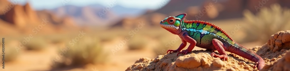 Fototapeta premium Chameleon camouflaged on dry shrub, arid landscape , shrub, color, branch