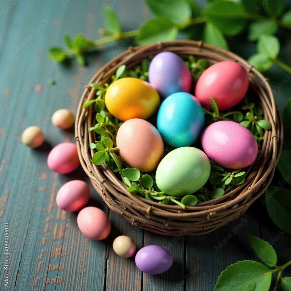 Colorful Easter eggs nestled in wood grain texture, chick, vintage, nature Colorful Easter eggs nestled in wood grain texture, chick, vintage, nature