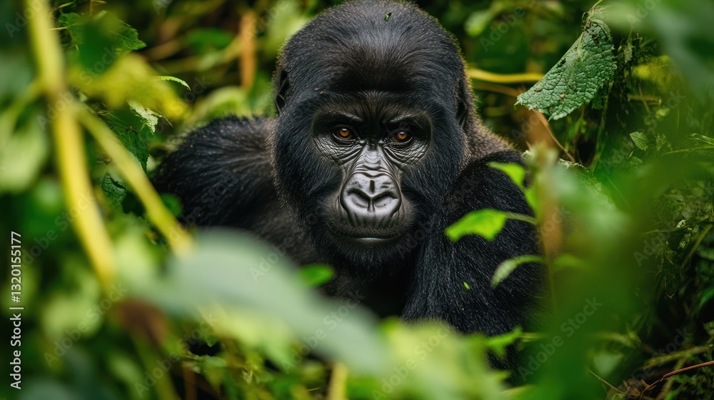 Mountain gorilla in dense jungle foliage. Close-up portrait of a magnificent primate amidst lush green vegetation Mountain gorilla in dense jungle foliage. Close-up portrait of a magnificent primate amidst lush green vegetation