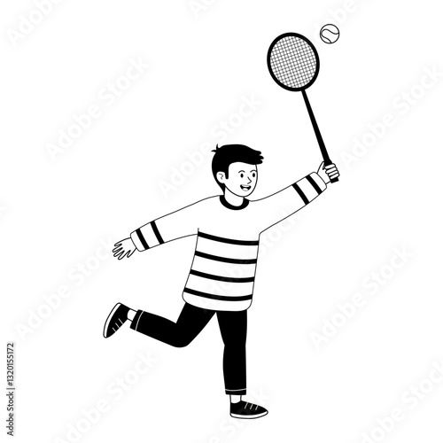 Boy playing tennis with a racket in a dynamic action pose in a black and white illustration