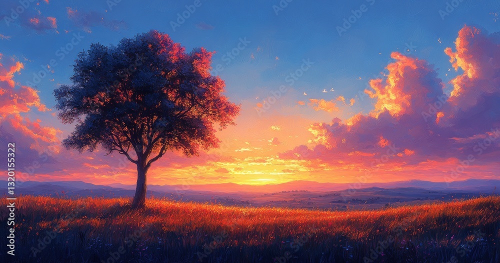 Fototapeta premium Serene Sunset Landscape with Silhouetted Tree and Vibrant Autumn Colors in Clear Blue Sky