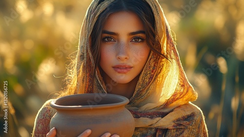 Samaritan Woman in Traditional Attire with Clay Pot in Serene Outdoor Setting