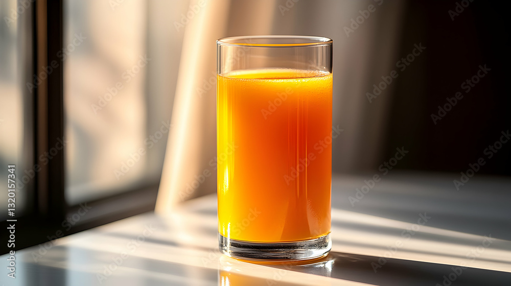 Tall Glass of Fresh Orange Juice Illuminated by Sunlight on a White Tablecloth with Shadow and Dark Background Tall Glass of Fresh Orange Juice Illuminated by Sunlight on a White Tablecloth with Shadow and Dark Background