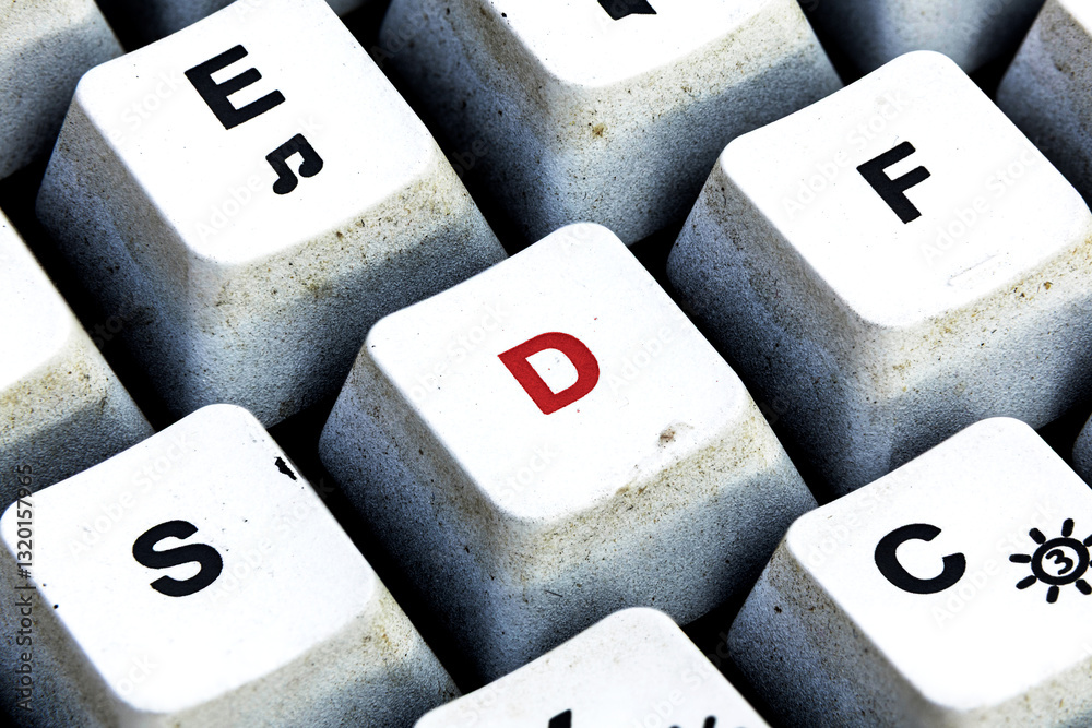 Retro Keyboard with D button in red color. D button keyboard in close up macro Retro Keyboard with D button in red color. D button keyboard in close up macro