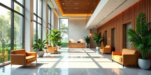 Bright, open-plan lobby featuring biophilic design elements , wall, hotel design, lighting