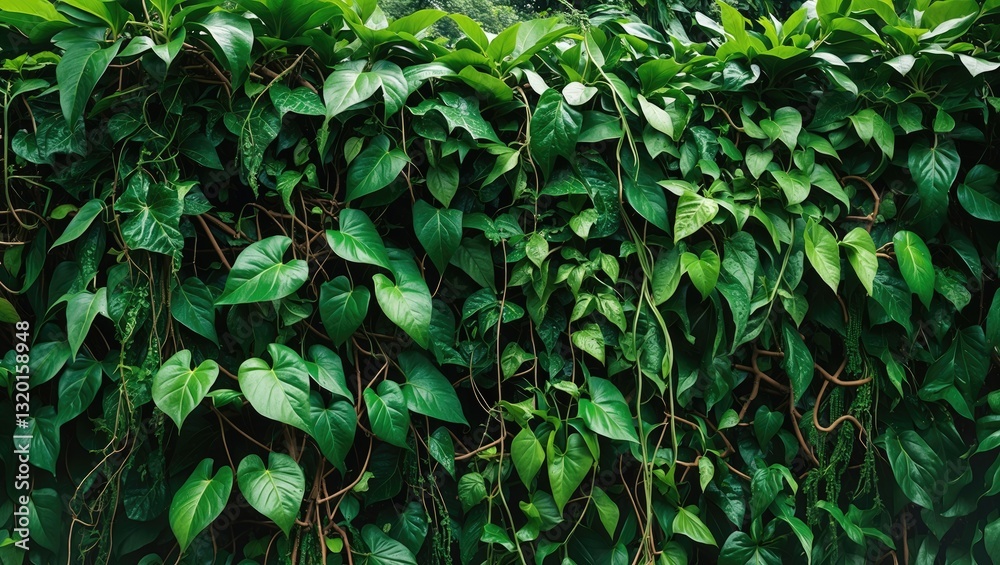 Fototapeta premium Jungle bush of three-leaved wild vine liana ivy plant thriving alongside long pepper plant in the wilderness, nature frame jungle border isolated on white with clipping path.