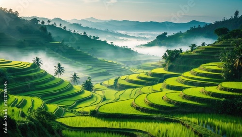 Landscape featuring terraced rice fields.
