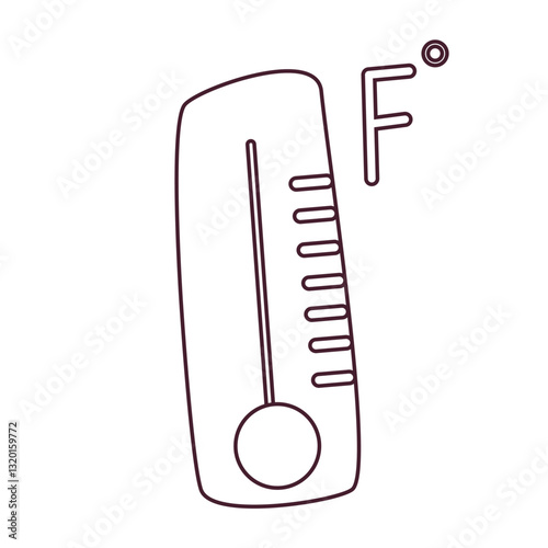 Black and white Fahrenheit thermometer icon for weather forecast and climate measurement. Simple temperature gauge symbol in doodle style, perfect for educational materials, meteorology.