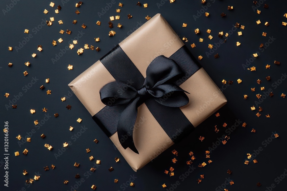 Gift wrapped in beige paper with black ribbon and gold confetti on black background for birthday, Christmas, New Year, wedding or special events Gift wrapped in beige paper with black ribbon and gold confetti on black background for birthday, Christmas, New Year, wedding or special events