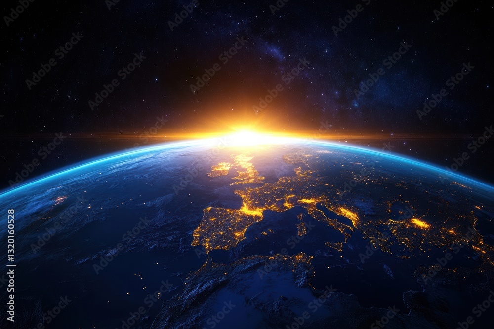 Obraz premium Night view of planet Earth from space highlighting global communications and connection lines over Europe