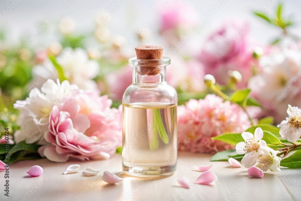Aromatic floral essence in a glass bottle surrounded by delicate pink and white blossoms, creating a serene and calming atmosphere Aromatic floral essence in a glass bottle surrounded by delicate pink and white blossoms, creating a serene and calming atmosphere
