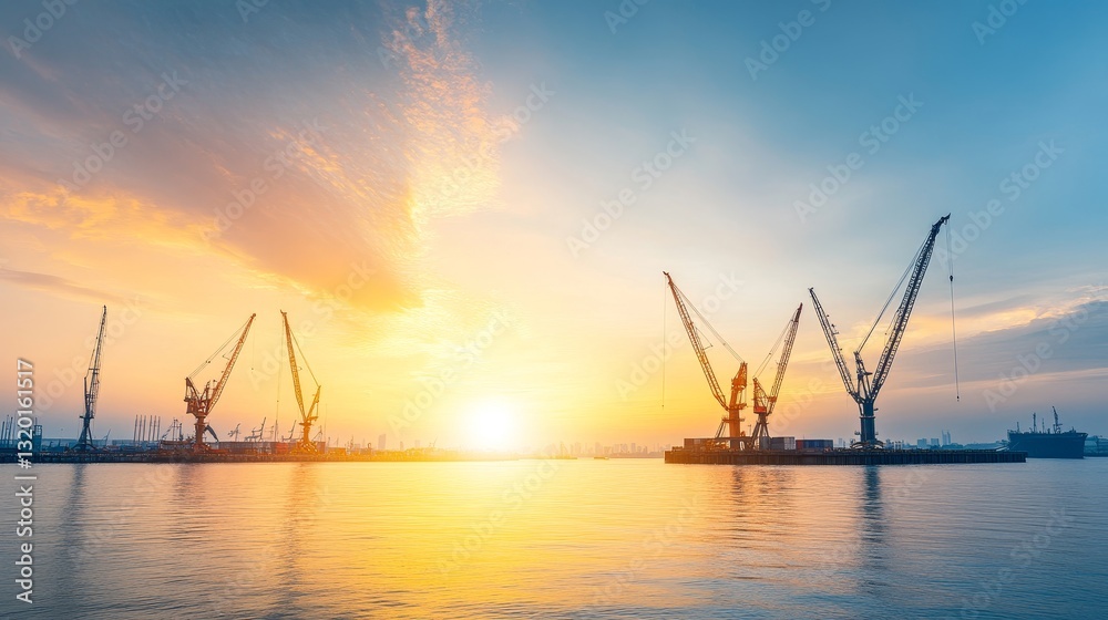 Industrial Harbor at Sunset with Crane Silhouettes Over Water