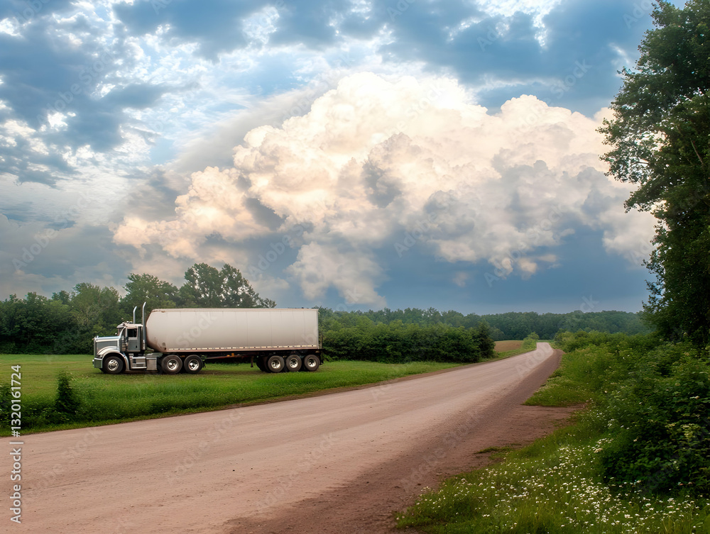 Tanker Truck on Rural Road Under Dramatic Cloudy Sky, Summer Landscape Photography Tanker Truck on Rural Road Under Dramatic Cloudy Sky, Summer Landscape Photography