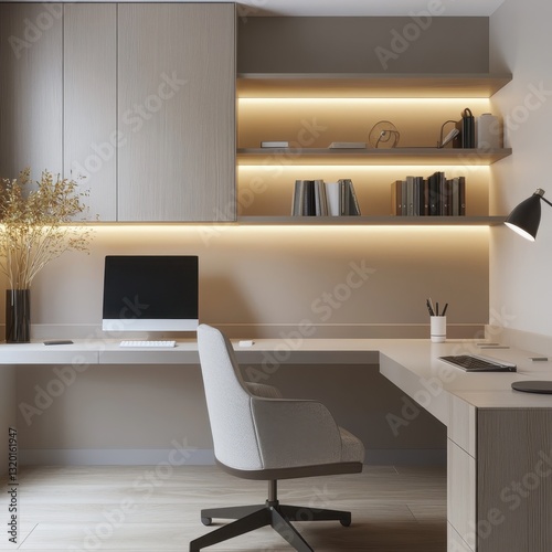 Home office with a clutter-free desk, warm beige and light gray tones, soft indirect lighting.