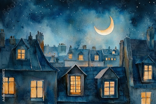 watercolor painting of a peaceful night sky with a crescent moon, framed by the rooftops of a small town. The windows glow softly with warm light, on isolated white background