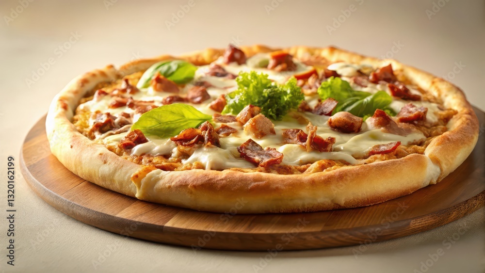 A savory, cheesy pizza with crispy bacon and fresh basil, served on a rustic wooden board, perfect for a delicious meal A savory, cheesy pizza with crispy bacon and fresh basil, served on a rustic wooden board, perfect for a delicious meal