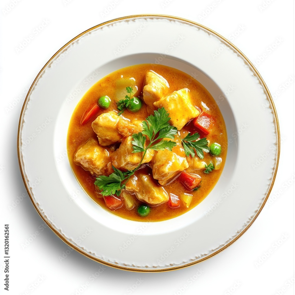 Delicious chicken stew with carrots and peas in a creamy sauce. Delicious chicken stew with carrots and peas in a creamy sauce.