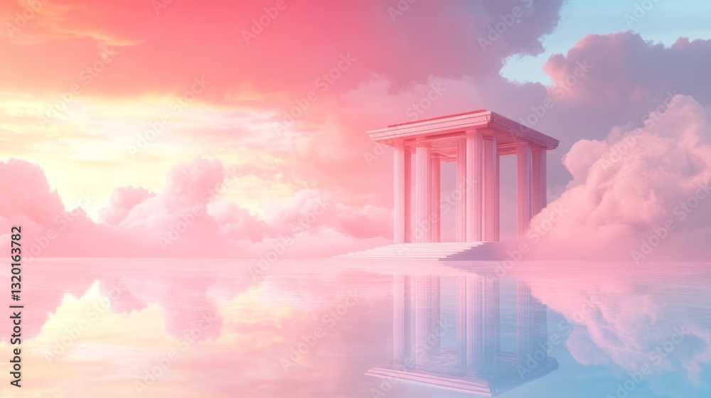 Naklejka premium Ethereal Temple on a Serene Lake at Sunset with Colorful Clouds