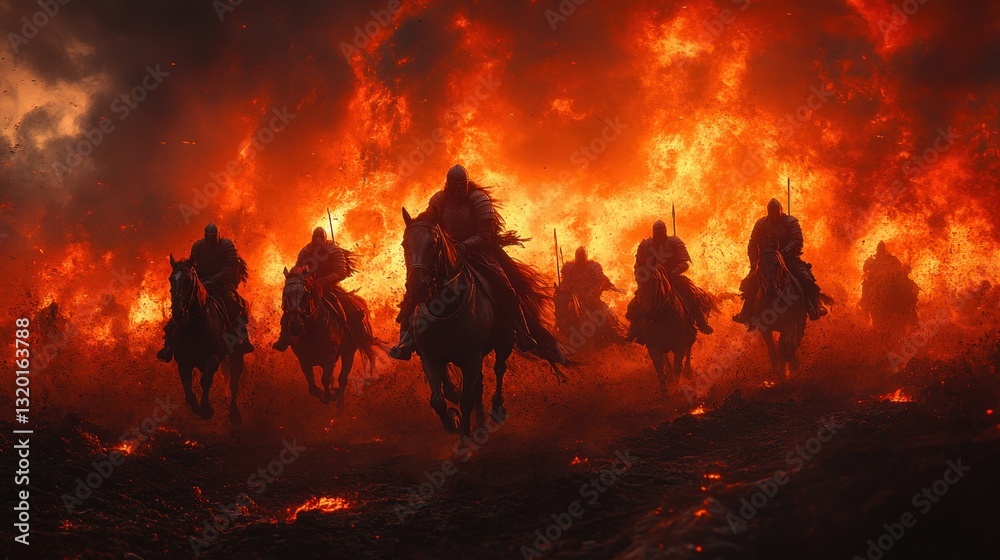 Fototapeta premium Apocalyptic Knights in Battle Amid Fiery Explosions and Dramatic Lighting