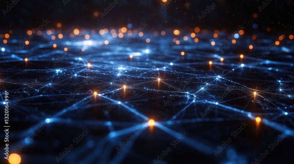 Fototapeta premium Futuristic Digital Network with Glowing Nodes and Lines in Deep Space Blue Background