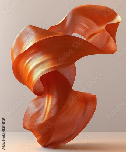Abstract flowing fabric design element in empty space with floating orange silk ribbon and smooth texture