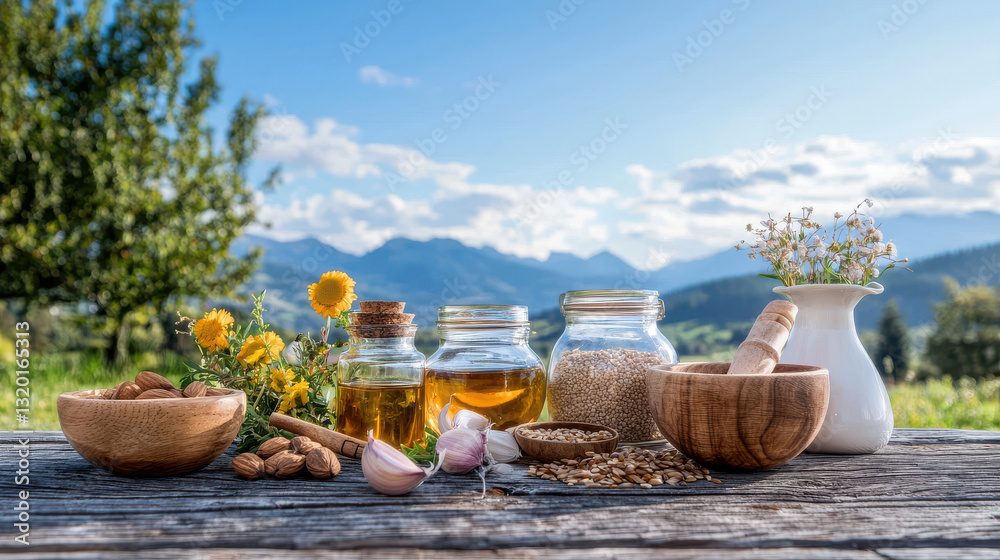 Fototapeta premium Fresh herbs, oils, and spices arranged on wooden table outdoors