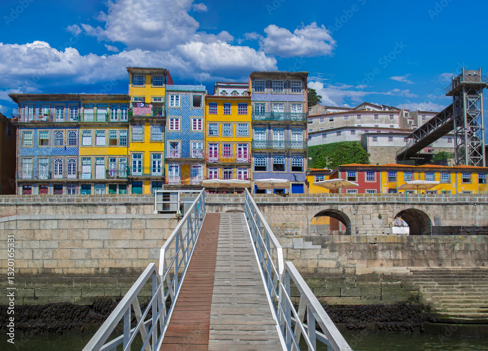 Beautiful and colorful Porto Streets near Rio Douro in historic center.