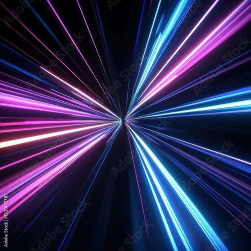 Neon light speed tunnel, futuristic travel background