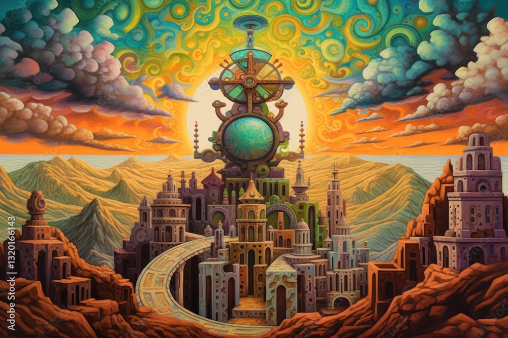 Fototapeta premium Colorful painted landscape of a fantastic city on a desert