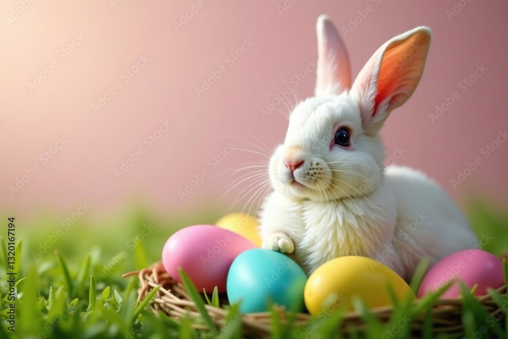 Obraz premium Smiling bunny surrounded by vibrant Easter eggs in a grass nest , nature, chocolate, wildlife