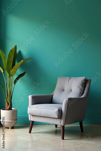 Sleek gray chair in a teal-walled minimalist living space , accent chair, space