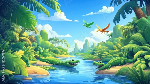 Emerald Paradise: A vibrant illustration of a lush, prehistoric jungle, teeming with life, where friendly crocodiles bask in the waters, and colorful flying creatures soar in a bright blue sky.