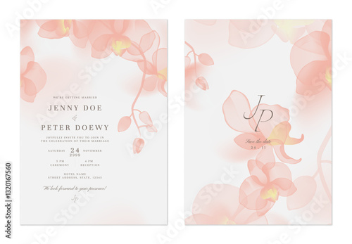 Wedding invitation and save the date template set of delicate, translucent pink Phalaenopsis orchid on a soft grey background. The style is modern, romantic, and understated