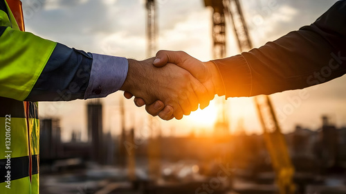 Construction Workers Shake Hands at Sunset, Celebrating Project Completion and Teamwork Success.