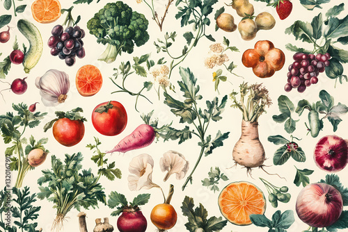 Botanical Bounty: An exquisite, vintage-inspired composition showcases a cornucopia of fresh, vibrant fruits, vegetables, and herbs.