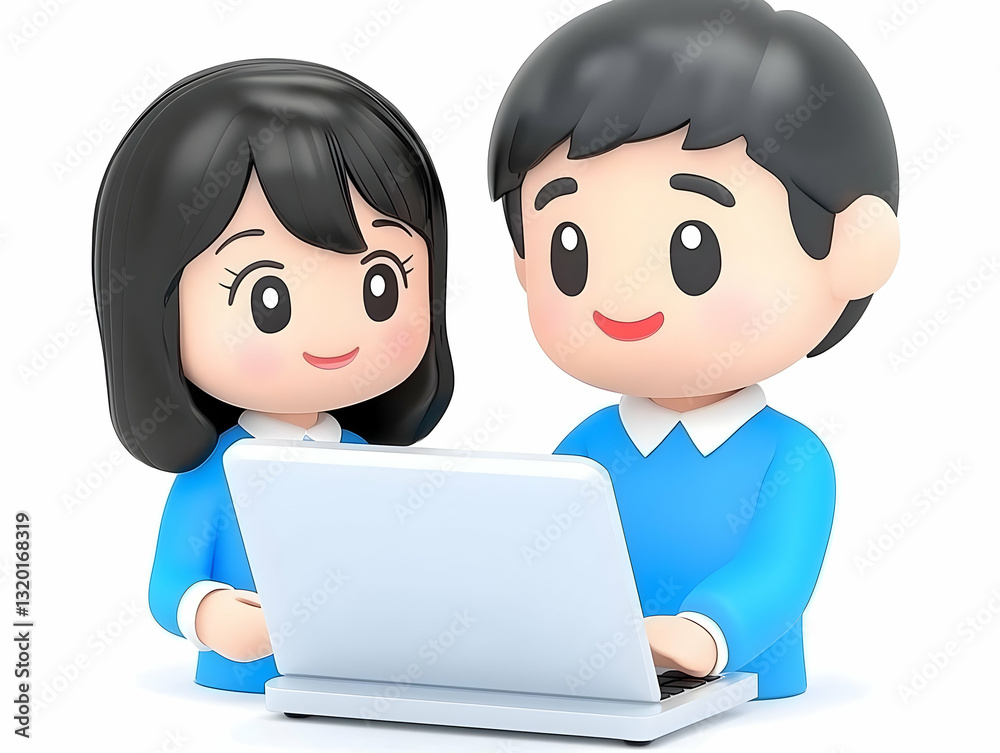 3D Illustration of Two Cartoon Children Using a Laptop Computer Together Collaboratively