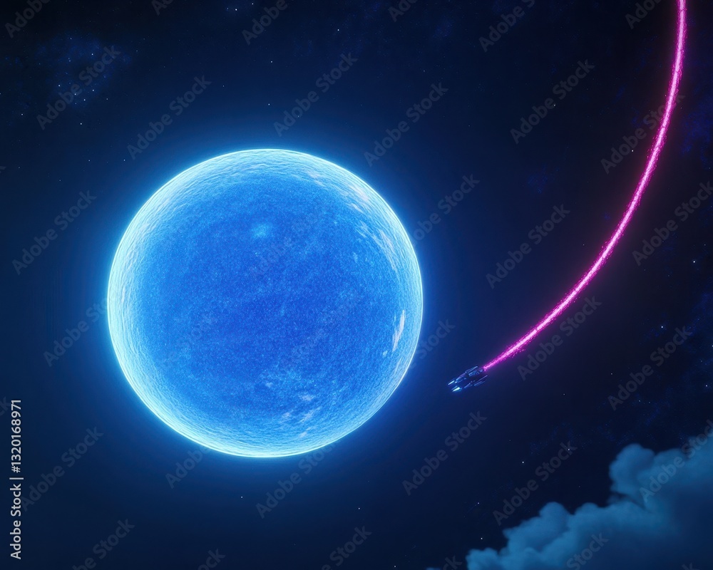 Fototapeta premium Bright Blue Planet with Spaceship in Cosmic Space Scene