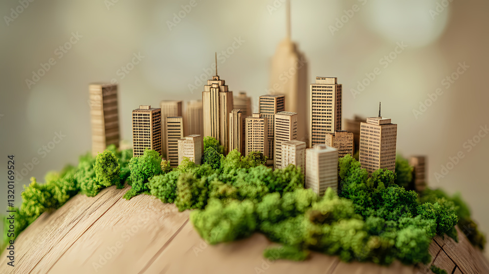 Fototapeta premium Eco-Friendly Cityscape: A miniature city, crafted from sustainable materials, flourishes on a miniature globe, its skyscrapers nestled amongst lush greenery.