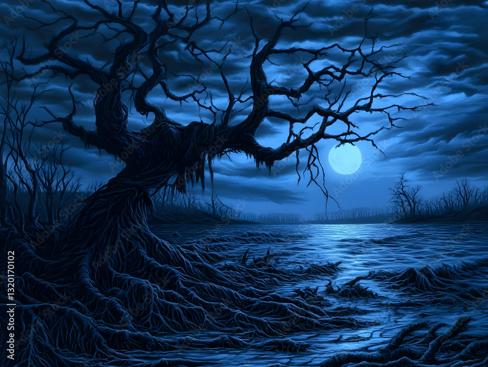 Naklejka premium Digital Painting of a Twisted, Barren Tree by a Moonlit Water, Dark Fantasy Art