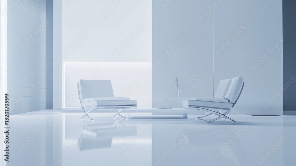 Fototapeta premium Minimalistic office lobby with modern furniture, soft lighting, calm atmosphere, white walls, professional studio light. 
