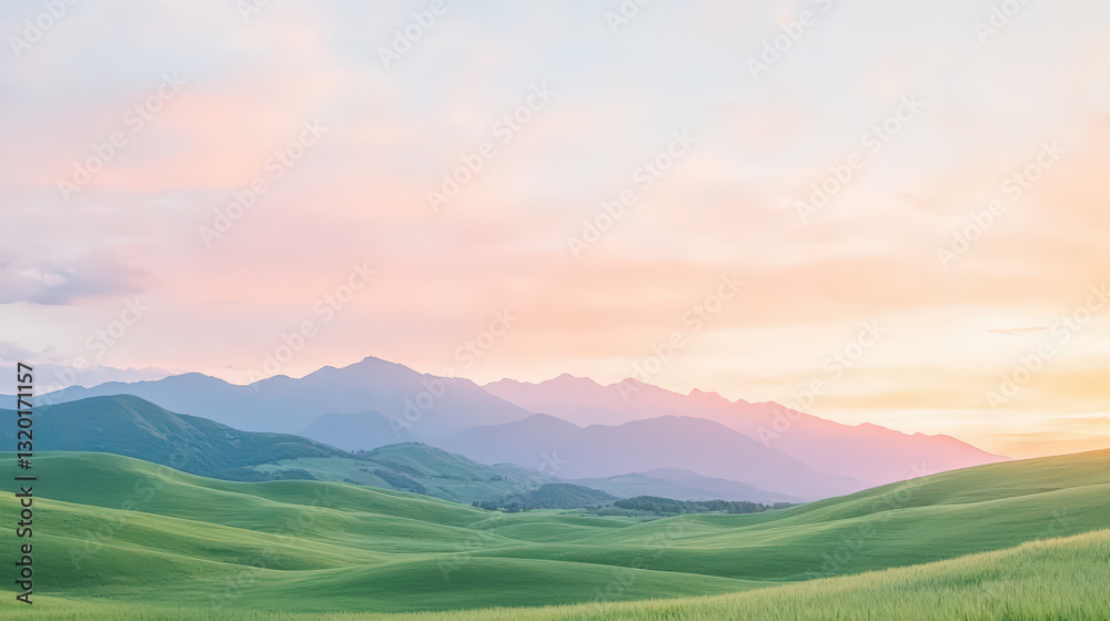 A serene landscape featuring rolling green hills under a pastel sky at sunrise, creating a peaceful and picturesque natural scene. A serene landscape featuring rolling green hills under a pastel sky at sunrise, creating a peaceful and picturesque natural scene.