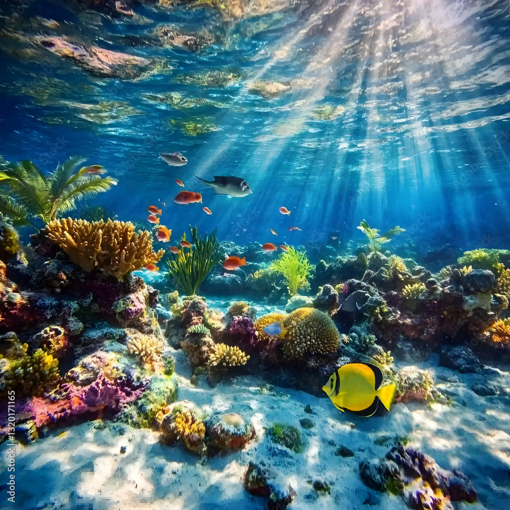 Naklejka premium Vibrant Underwater Scene: Sunbeams Illuminate Colorful Coral Reef and Diverse Fish Species in a Serene Aquatic Habitat