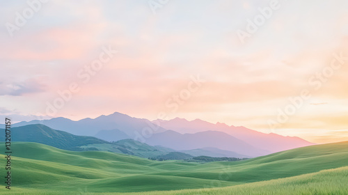 A serene landscape featuring rolling green hills under a pastel sky at sunrise, creating a peaceful and picturesque natural scene.
