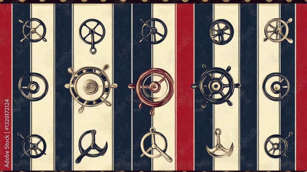Nautical Arrangement: An eye-level, digitally crafted collection of vintage ships' wheels and anchors displayed against a striped background in a visually appealing pattern. Nautical Arrangement: An eye-level, digitally crafted collection of vintage ships' wheels and anchors displayed against a striped background in a visually appealing pattern.
