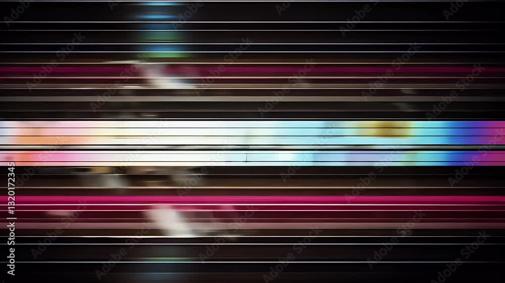 Abstract digital glitch effect with horizontal lines and vibrant color spectrum on dark background, with data error and distortion, perfect for modern technology themes, and futuristic designs