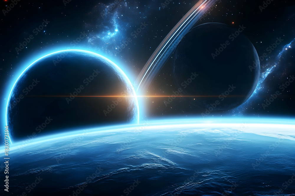 Cosmic Planets with Ring System and Nebula in a Stunning 3D Illustration Background