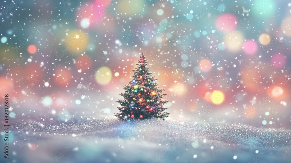 Naklejka premium Pastel colored abstract blurred background with snow and bokeh lights featuring Christmas tree branches, snowflakes, and delicate light