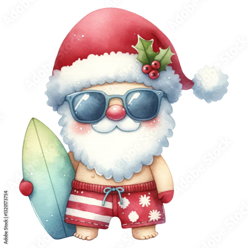 Summer Santa Claus concept. A festive Santa Claus in sunglasses, wearing beach shorts and holding a surfboard, embodies a fun, tropical holiday spirit.